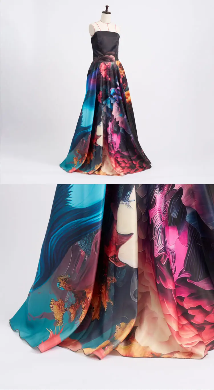 イタリアメーカーとのコラボレーションで生まれた色彩表現豊かなドレス