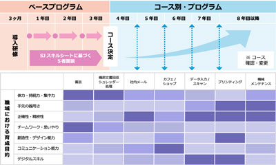 入社3年目までベースプログラムで様々な職種を体験し、4年目以降は本配属先でスキルを磨きます。職域における育成目的の表です。職種によって育成する力は7つあります。園芸業務および機密文書回収とシュレッダー処理業務は体力、持続力、集中力を養います。プリンティング業務や機械メンテナンス業務では器用さを養います。メール業務やデータ入力やプリンティング業務および機械メンテナンス業務では正確性や精密性を育てます。園芸業務ではチームワークや思いやりを養います。プリンティング業務では創造性やデザイン能力を育てます。カフェやショップ業務ではコミュニケーション能力を養います。データ入力やプリンティング業務ではデジタルスキルを養います。