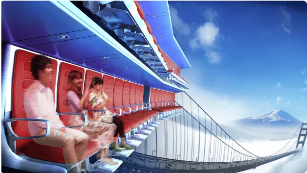 People sit on floating seats and enjoy seeing the Bridge and Mt.