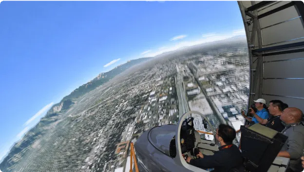 Passengers in the cockpit experience the flight through a dome-shaped LED vision of the landscape as seen from a real aircraft.
