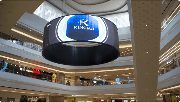 Donut-Shaped LED Vision Hanging in an Atrium of a Commercial Facility.