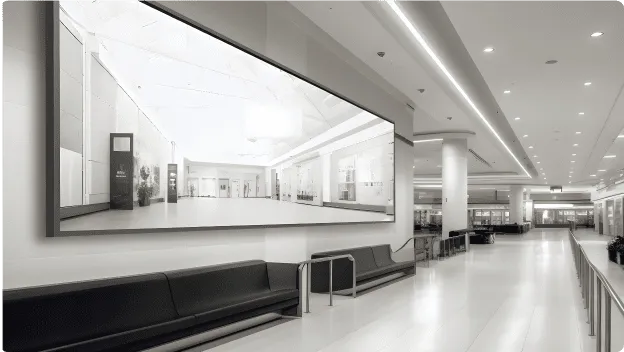 LED vision showing scenery in an indoor office corridor.