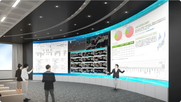 Presentation in front of a panoramic LED vision that displays a lot of information.