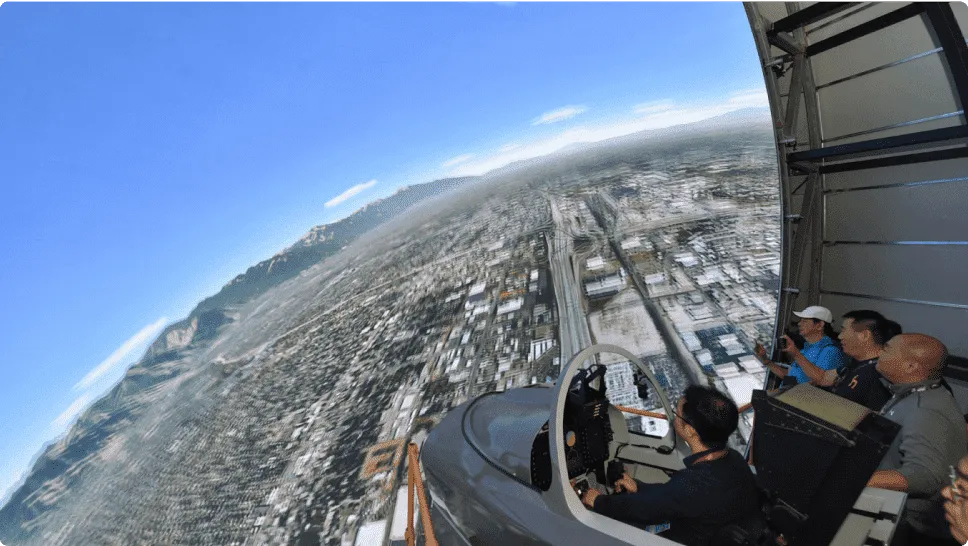 A flying simulator's Pilot Cockpit Surrounded by All-Around LED Vision.
