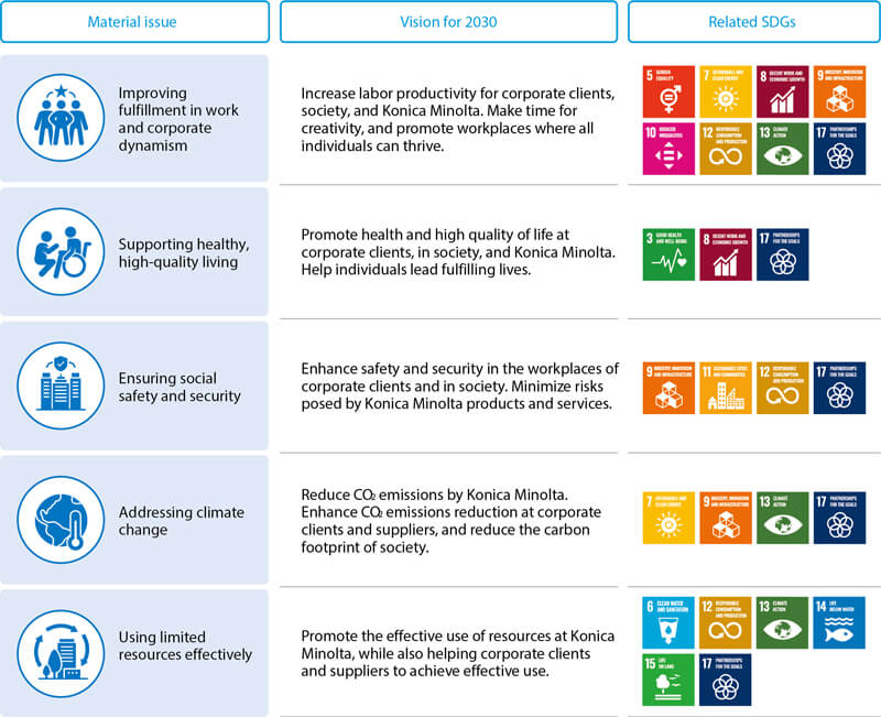 Relations between five material issues and the vision for 2030